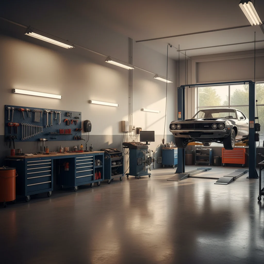 Automotive shop interior with a car on a service lift